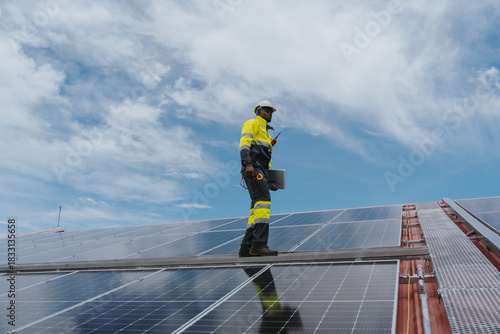 Technicians are installing outdoor solar panel systems. Solar rooftop installation. Solar panels on the roof. Workers are installing energy-saving solar power generation systems.