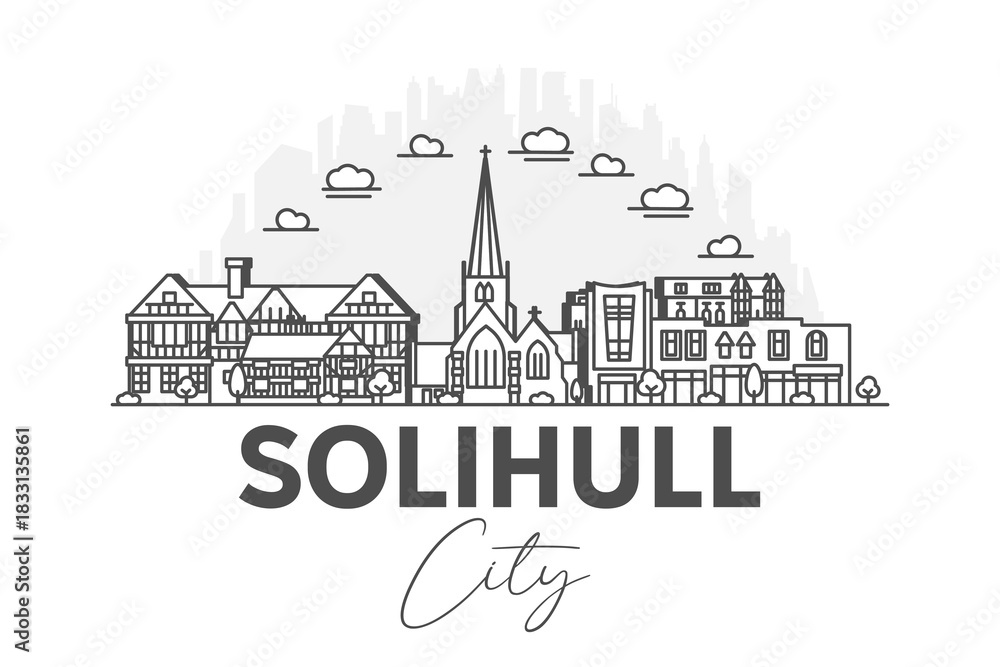 Naklejka premium Solihull, England architecture line skyline illustration with shadows. Linear vector cityscape with famous landmarks, city sights, design icons.