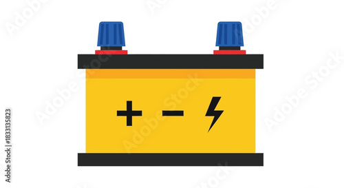 A simple illustration of a yellow car battery with positive and negative terminals