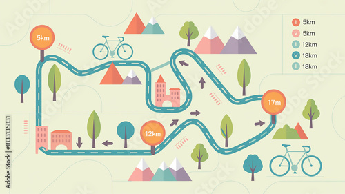 Infographic of a cycling route map vector illustration of a bike path with distance markers perfect for travel and tourism websites
