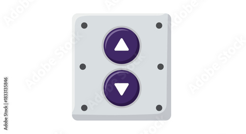 A gray control panel featuring two prominent purple up and down buttons