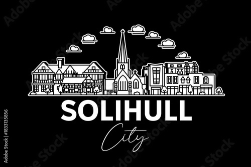 Solihull, England architecture line skyline illustration with shadows. Linear vector cityscape with famous landmarks, city sights, design icons.
