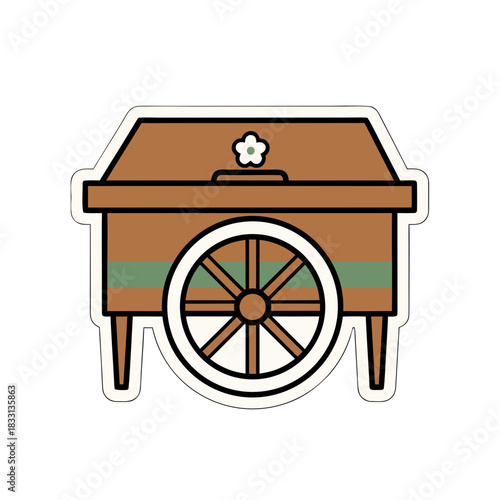 Vintage wooden cart with flower emblem and green stripe detail on white spoke wheel isolated on black background flat vector illustration