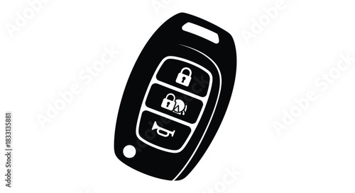 A modern black car key fob with lock unlock and panic buttons