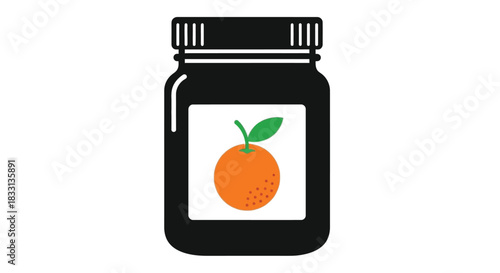 Black jar with a white label featuring an orange illustration