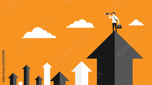 Business Leader on Growth Arrow with Telescope: Strategic Vision for Future Success and Market Foresight