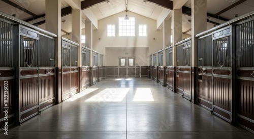 Interior view of a stable with horse stalls