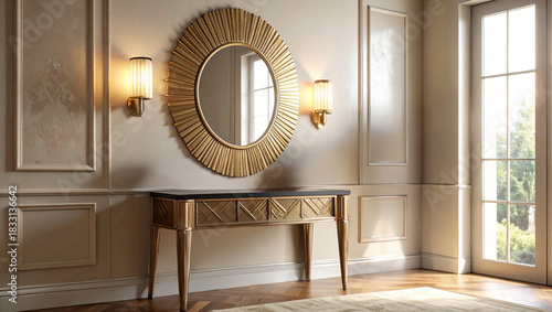 Luxury Gold Console Table and Sunburst Mirror in Classic Entryway