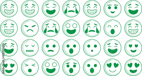 Collection of hand drawn emoticons expressing various emotions including happiness sadness anger surprise and fear presented in a grid pattern against a white background
