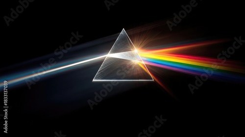 Light refraction through glass prism creating rainbow spectrum, physics optics concept with white beam splitting into colorful light on dark background
