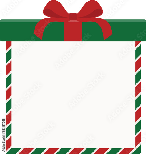 A festive Christmas gift box frame and border vector illustration, featuring red and green stripes with a decorative top bow for background or text space.