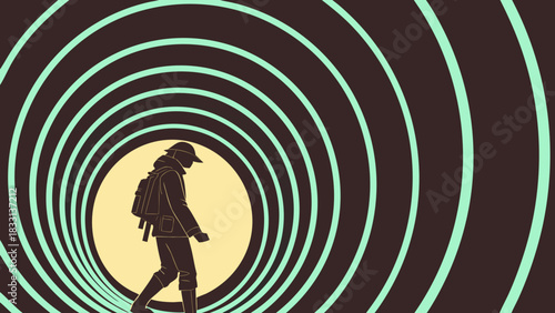 Traveler Exiting a Futuristic Glowing Tunnel into Brightness - Concept of Journey, Discovery, and New Paths
