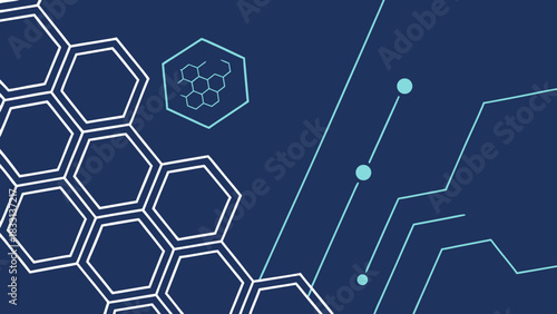 Abstract Digital Background with Hexagonal Structures, Molecular Icon, and Circuit Lines – Science, Technology, and Data Concept