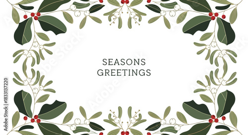 Seasons Greetings Card – Holiday Message with Greenery and Red Berry Border