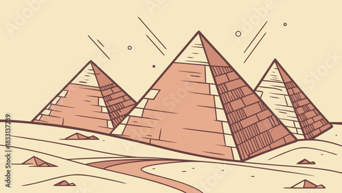 Stylized Ancient Pyramids in Desert Landscape Vector Illustration with Winding Path