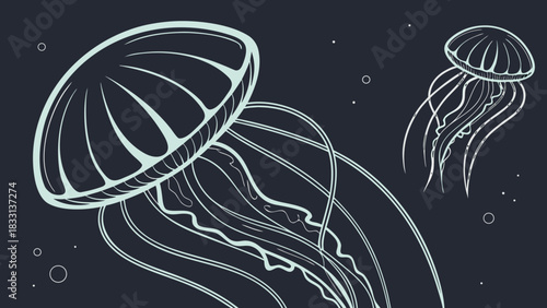 Luminous Jellyfish Outline Illustration in Deep Ocean; Stylized Marine Life Vector Art with Bubbles on Dark Background