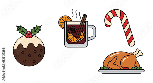 Holiday Food Icons – Christmas Pudding, Mulled Wine, Candy Cane, and Roast Turkey Illustration