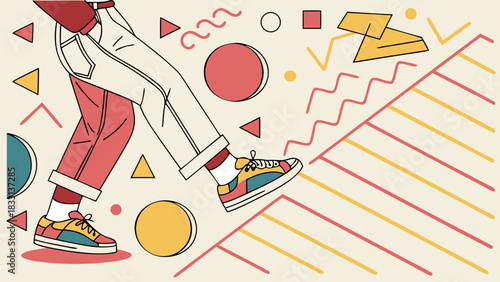 Dynamic Illustration of Legs and Sneakers Climbing Upward with Retro Geometric Shapes and Memphis Style Elements