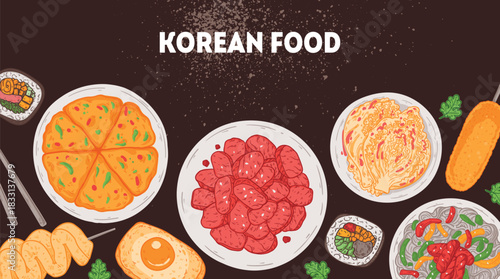 Korean food vector drawing. Top view Korean food dishes vector illustration. Flat style. Kimbap, odeng, pajeon, bulgogi, kimchi, japchae, corn dog, egg bread
