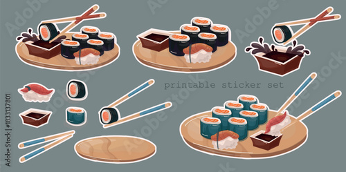 sushi soy sauce rice salmon fish  sticker set with the counturing white border made in asia cousine