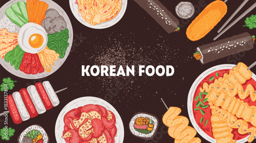 Korean food vector drawing. Top view Korean food dishes vector illustration. Flat style. Bibimbap, tteokbokki, nakji bokkeum, kibap, odeng, corn dog, kimchi