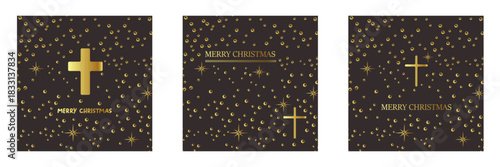 Merry Christmas Christian golden geometric background collection with golden text,night sky stars and cross. Merry Christmas minimalistic poster set, social media post layout, square banner template