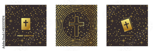 Merry Christmas Christian golden geometric background collection with golden text,night sky stars and cross. Merry Christmas minimalistic poster set, social media post layout, square banner template
