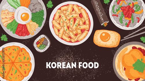 Korean food vector drawing. Top view Korean food dishes vector illustration. Flat style. Bibimbap, pajeon, kimbap, tteokbokki, japchae, samgyetang, egg bread