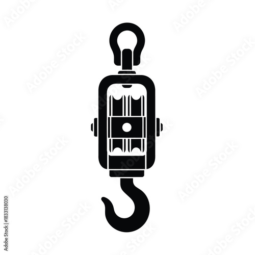 Black silhouette of a double pulley block with hook