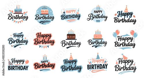 Collection of Happy Birthday themed graphic designs with cakes and balloons.