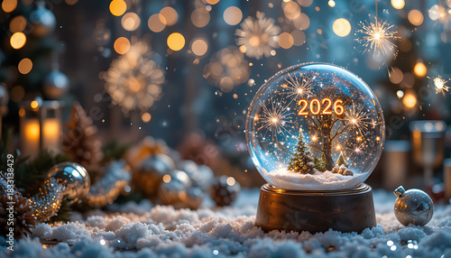 A festive snow globe with the year 2026 inside and Christmas ornaments around it, 8k image