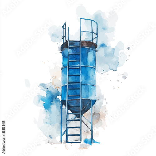 An Elegant blue farm silo ladder painting design collection, Hand-painted watercolor style, vectorized, vector set available in EPS, Simple design, EPS format set, watercolor painting