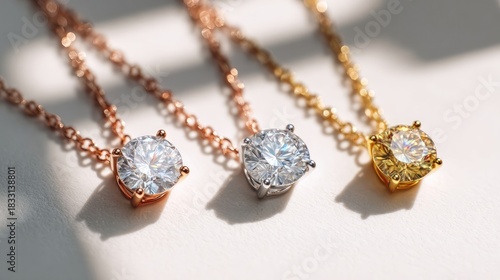 Elegant diamond pendant necklaces in rose gold and yellow gold on light background, luxury jewelry concept, minimal style, sparkling gemstones and fine craftsmanship