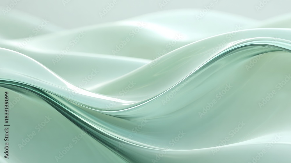 Fototapeta premium Translucent, flowing waves of pale green material create an abstract, glossy background texture.