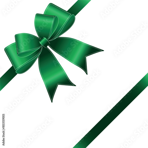 Vector decorative shiny gift element of dark green ribbon with tied bow isolated on white background