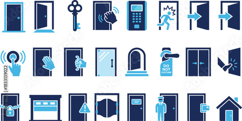 Door icons, access control, entry visuals, exit symbols, security tools, keypad, key, handle, garage, warning sign, doorman, house, mailbox, open door, closed door, push, pull, knock, padlock
