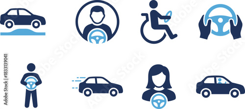 Driving icons, vehicle symbols, transportation visuals, driver actions, mobility graphics, road safety, steering wheel, blue theme, car motion, accessibility tools, auto interface, travel elements