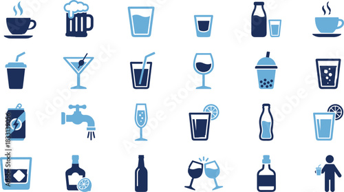 Drink icon set, beverage symbols, coffee cup, cocktail glass, soda bottle, juice container, water faucet, alcohol graphic, refreshment concept