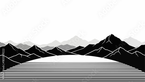 Monochrome mountain range landscape with a stylized sun and horizon.