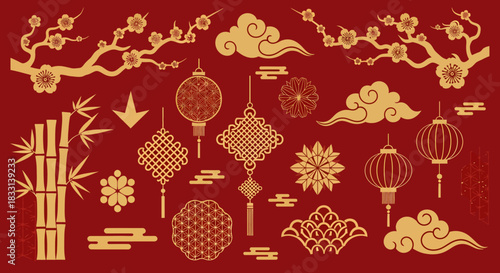 Chinese New Year decorative elements on a red background, including lanterns, knots, clouds, bamboo, and plum blossoms.