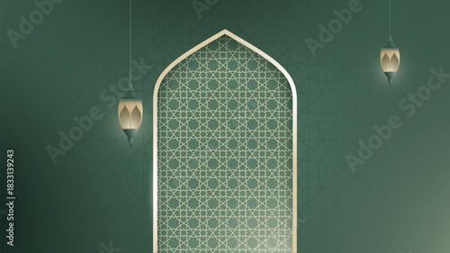 Islamic background with ornamental mosque arch and lantern design. Luxury islamic background