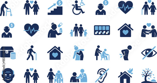 Elderly care icon set, health support, aging wellness, accessibility tools, family care, medical monitoring, disability symbols, emotional aid, senior lifestyle