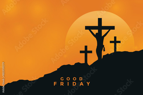 Good Friday illustration with crosses on a hill against a warm sunset sky symbolizing faith, sacrifice, and Christian belief.