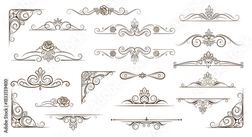 Collection of decorative design elements, borders, and corners in brown on white.