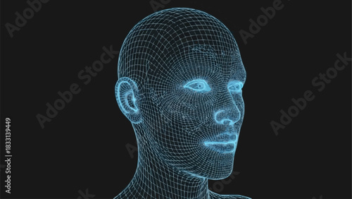 Digital wireframe human head with glowing eyes representing artificial intelligence.