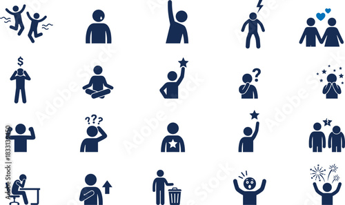 Emotion icon set, human expression, activity symbols, feeling graphic, mental state, joyful pose, thoughtful gesture, celebration concept, love emotion, success figure