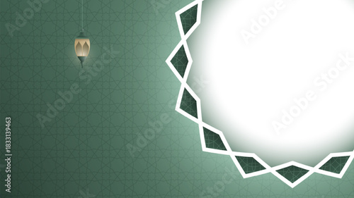 Islamic background with ornamental in white shape on green background. Luxury islamic background