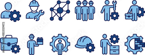 Engineering icons, industry, teamwork, gears, tools, hard hat, mechanical, project management, system integration, workers, technical, innovation, industrial process