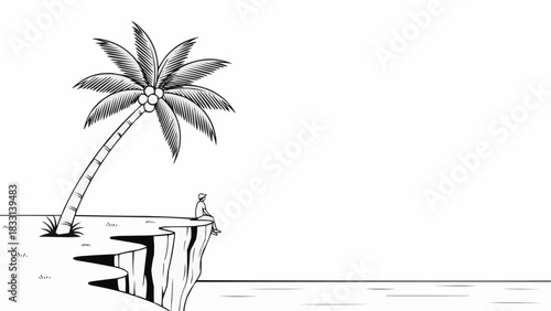 A solitary person sits on a cliff edge next to a palm tree.