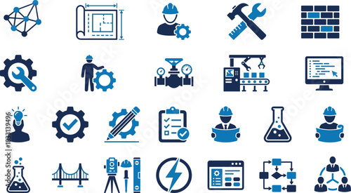 Engineering icons, technology tools, industrial symbols, mechanical graphics, construction visuals, software interface, blue theme, innovation elements, system design, technical workflow